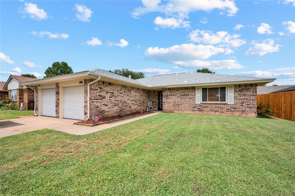 This 3 bedroom, 2 bath home has a spacious living room with updated flooring, lighting and painted bookcases.  Large kitchen with lots of counter space, updated cabinetry, lighting, paint, quartz countertops and flooring.  Home has newer vinyl windows, patio door with blind and roof is believed to be 2018.  Primary bedroom with attached bathroom.  2 Car garage with storm shelter in garage floor.  Great location near schools, shopping, dining and highway.  Easy access to Tinker AFB.  Schedule your showing today!!