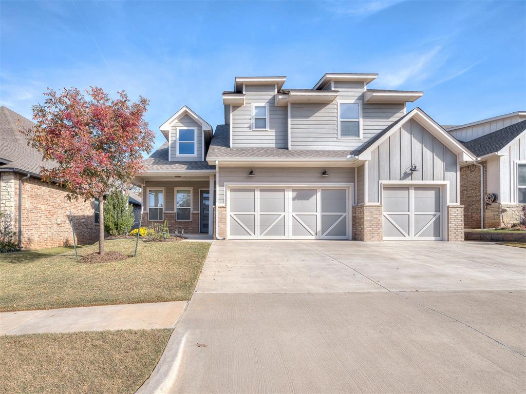 ABSOLUTELY STUNNING! This beautifully custom designed home built in 2022 is better than new! The home boasts 4 bedrooms + an upstairs loft, 3 car garage, & a storm shelter in the highly sought after Edmond School District & popular addition of Creekside at Cross Timbers. A spacious entry showcases the 12' ceilings, modern lighting, neutral tones, & beautiful wood grain vinyl flooring that is throughout the first floor of the home. The living room features 12' ceilings with wood beams, a stylish shiplap accent wall surrounding the fireplace,  a floating wood mantel, & 2 built-in painted hutches on either side of the fireplace. Stainless steel Samsung appliances, a 5 burner gas range, double ovens, under cabinet lighting, large walk-in pantry, & soft close cabinets & drawers are just a few of the kitchen's special touches. The standout items? The gold accented herringbone backsplash & an oversized island with quartz countertops & modern pendant lighting that easily provides breakfast bar seating for 5. Stainless steel Samsung kitchen refrigerator to remain with the home. The private primary suite includes a tray ceiling, quartz countertops, walk-in shower with Rainhead shower head, designer tub, & a spacious closet that connects to the laundry room. A secondary bedroom downstairs could serve as a home office or guest bedroom with a full bath in close proximity. Upstairs is a small loft area with a built-in desk which would be perfect for a secondary office space, hobbies, or studying. Another full bathroom, 2 secondary bedrooms & walk-out attic space finish out the upstairs. And an east facing backyard which backs to a greenbelt space allows you to experience some incredible Oklahoma sunrises from the covered back porch. Neighborhood amenities include a spectacular clubhouse & pool, ponds, gated entry, & yard maintenance. Enjoy all this location has to offer with the proximity to schools, community clubhouse & pool, Mitch Park & popular shopping/dining options nearby!