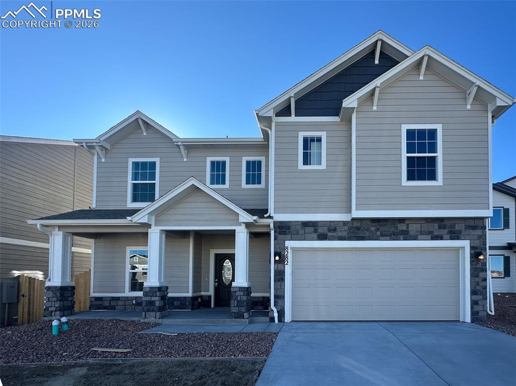 MODEL-HOME WORTHY CHARLESTON ON A CUL-DE-SAC!Don’t miss this exceptional opportunity to own a brand-new Charleston plan on a quiet cul-de-sac, set on a spacious, fully landscaped lot with privacy fencing already installed. This home offers a thoughtful, modern layout with high-end finishes throughout- truly move-in ready.Step inside to a bright, open main level featuring LVP flooring throughout, a dedicated front study ideal for remote work or hobbies, and a welcoming great room with abundant natural light. The chef-inspired kitchen takes center stage with two full sized ovens, a separate gas cook top, quartz countertops, stainless steel appliances, tile backsplash, and a sunny bay-window dining nook that flows effortlessly onto the covered patio, perfect for everyday living or hosting.Upstairs, the versatile loft provides an additional gathering space, while the three secondary bedrooms offer generous dimensions. The private primary suite features double doors, a large walk-in closet, linen closet and a spa-style bath with dual quartz vanities and a soaking tub along with an oversized shower.A 3-car tandem garage provides outstanding storage and parking options, ideal for vehicles, gear, or future workshop space.Additional features include central A/C, full yard landscaping, fencing, and access to the Woodmen Hills Rec Centers, parks, and trail system- all adding to the comfort and convenience of this outstanding home.