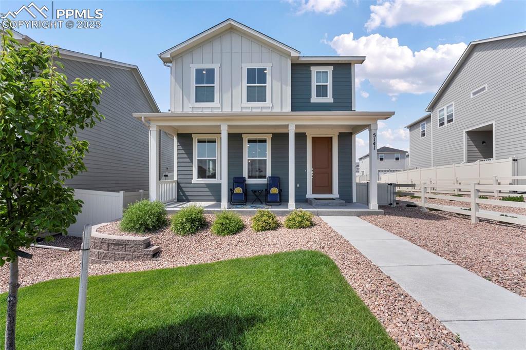 This beautiful, open-concept 2-story home can close quickly! You'll love all of the wonderful features, including a spacious kitchen w/stainless appliances, granite counters, stainless farmhouse sink, large island w/breakfast bar, and a large pantry; great room/dining area combination with a walkout to the side yard; a convenient 1/2 bath on the main level; private owner's suite complete with a walk-in closet, ensuite bath w/double vanity, oversized shower w/bench seat, and a separate water closet. There are two additional bedrooms, a loft/landing, a spacious laundry room, and a full bathroom on this level, along with a large storage closet and a separate linen closet. Other features of note include: luxury vinyl plank floors, Hunter Douglas window treatments, granite counters in the kitchen and owner's retreat ensuite, all appliances included (yes, even the washer and dryer!), ceiling fans, central air conditioning, a lovely farmhouse elevation, high ceilings, and lots of windows! This home is truly move in ready in a great location that is directly adjacent to a lovely neighborhood park and a few steps away from a fenced-in dog park. The Trails at Aspen Ridge is conveniently located with easy access to Powers Blvd., the Colorado Springs Airport, Military Bases, Restaurants, Schools, Parks and more!