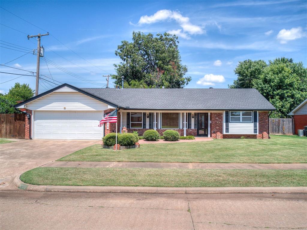 Welcome to this beautifully maintained residence nestled in the highly desirable Smiling Hill neighborhood of Edmond! With 3 spacious bedrooms, 2 full bathrooms, 2 inviting living areas, and 2 optional dining spaces, this home offers room to grow and plenty of flexibility for your lifestyle. Step into the living areas where engineered wood flooring, expansive windows, and a cozy gas fireplace create a warm and welcoming atmosphere. The kitchen features abundant counterspace and cabinetry, quartz countertops, and a walk-in pantry. The primary suite offers comfort and convenience with dual closets and a private bath complete with a walk-in shower. Outside, enjoy a generous backyard oasis with a covered patio, mature landscaping, and a large shed ideal for storage or weekend projects. Washer & dryer remain with the home. -- 6 person storm shelter located in the garage floor! This home is move-in ready and waiting for your personal touch. Don’t miss your chance to own in one of Edmond’s most sought-after communities!
