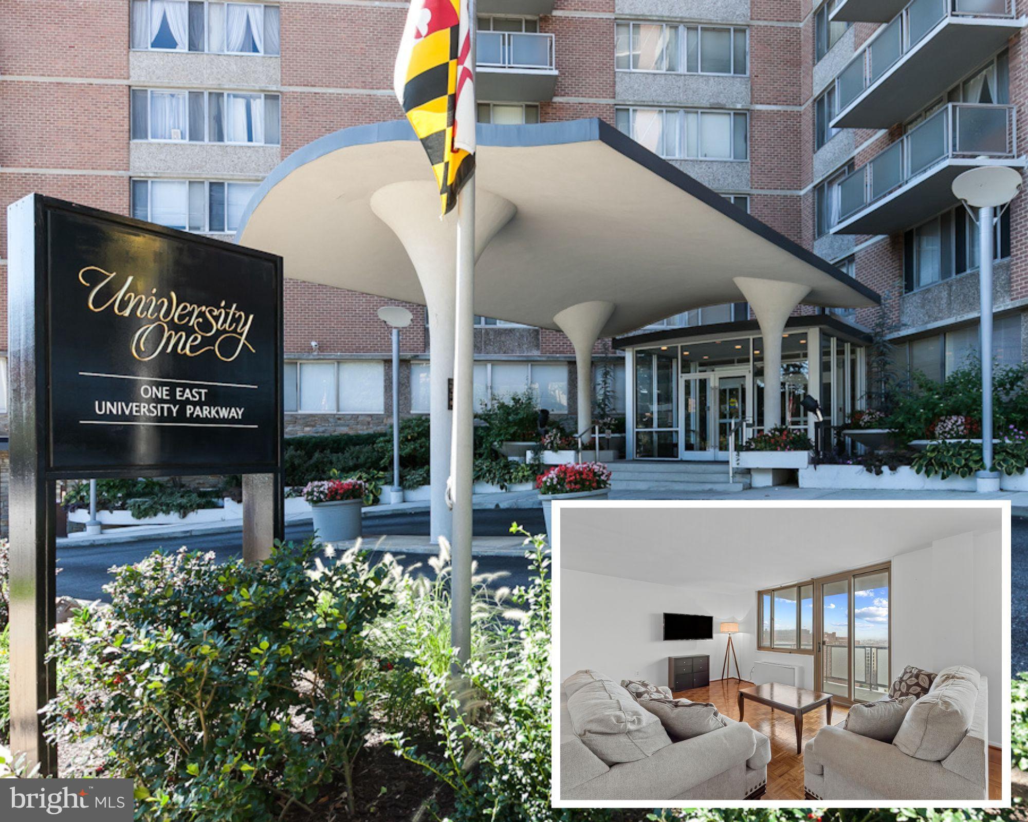 Enjoy soaring panoramic views from this fully renovated 2BR/2BA corner unit!  Enjoy cooking in your updated kitchen, boasting SS appliances, new cabinetry, countertops, & backsplash. Gorgeous wood floors throughout, balcony, & flooded w/ natural light. Spacious walk-in closet, updated bath sinks, fixtures, & toilets.  **Condo fee includes heating, cooling, electric, & water** Garage parking is available for rent. Just steps from JHU shuttle & 24hour secure building.