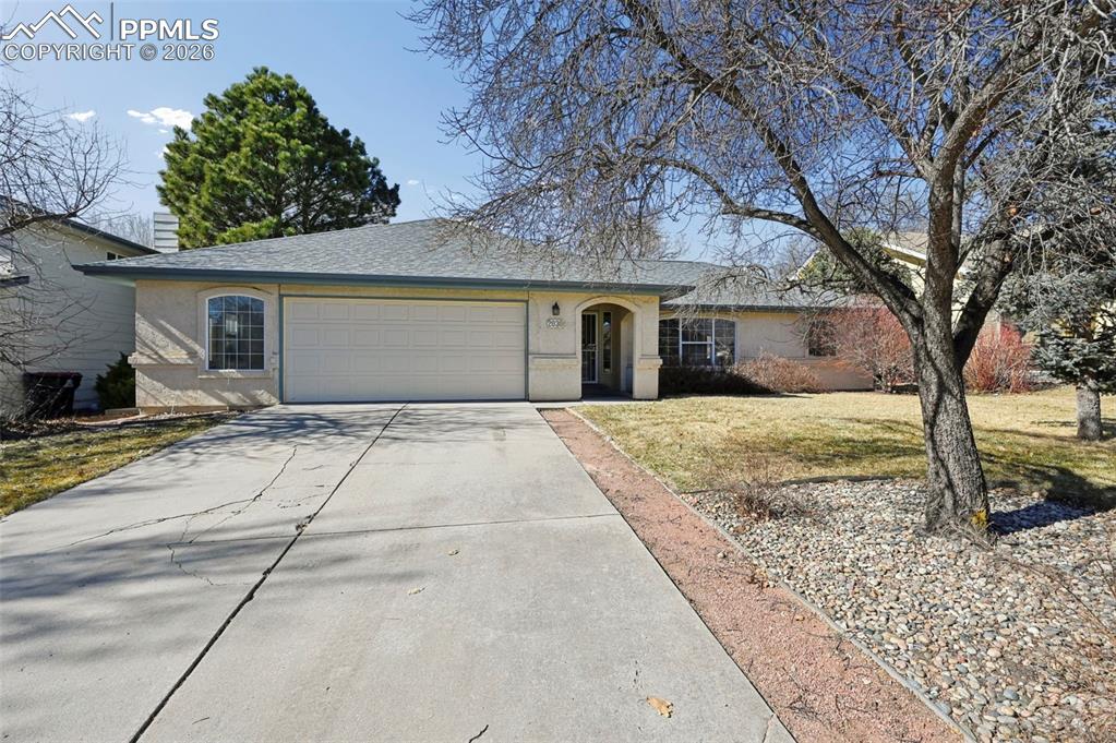 Welcome to this beautifully maintained ranch-style home in the desirable Villa Loma neighborhood, where mature evergreens and quiet streets create a peaceful setting. Enjoy the convenience of quick access to Powers Blvd, shopping, dining, and entertainment, while still feeling tucked away in a quiet residential community. Inside, vaulted ceilings and expansive windows fill the home with natural light and enhance the open, inviting layout. The spacious family room flows seamlessly into the dining area—ideal for both everyday living and entertaining. The kitchen overlooks the main living space and features a breakfast bar and a sunny eat-in nook, perfect for casual meals and gathering with friends. A charming brick fireplace anchors the living room, adding warmth and character. Step outside to the fully fenced backyard with plenty of space to relax, garden, or play. The primary suite offers a private retreat with built-ins, a walk-in closet, and an en-suite bath. Two additional bedrooms and a full bathroom are located on the opposite side of the home for added privacy. The finished basement expands your living space with a large recreation room, two additional bedrooms, and another full bathroom—perfect for guests, a home office, or multi-generational living. Additional features include an oversized two-car attached garage, brand new carpet, and fresh interior paint throughout. Move-in ready and full of charm—this Villa Loma gem is ready to welcome you home!