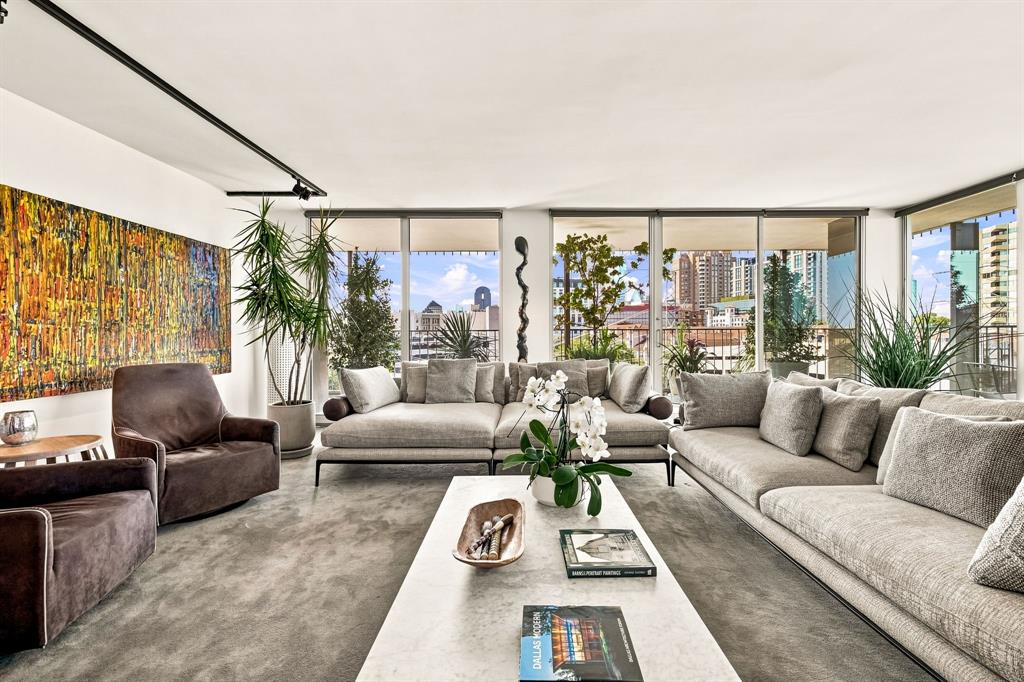 A seamless expression of architecture, landscape, and interior design extends from Park Towers' beautifully curated grounds to the remarkable living spaces of Residence 10F. Perfectly positioned adjacent to the Katy Trail and Turtle Creek, the residence enjoys tranquil treetop vistas with captivating glimpses of the Downtown Dallas skyline. Formerly owned by iconic Dallas interior designer Mil Bodron of Bodron + Fruit, the home reflects a legacy of timeless design and understated sophistication. Few buildings can compare to the convenience of Park Towers. In an idyllic wooded setting at the juncture of Turtle Creek, Oak Lawn and Uptown, this elegant Midcentury Modern tower affords its residents the best of all the communities. Known for its large balconies and treetop views out of floor-to-ceiling windows, the building offers a lushly landscaped pool terrace, guest suites, party rooms, a catering kitchen, an exercise room and a staff to welcome you home, every day. Location, location being next to the Katy Trail for the avid athlete or a light stroll after dining in one of the many convenient five-star restaurants in the neighborhood. Just ask the neighbors how they love the location, the community, the amenities, and all things ParK Towers. One must experience the journey from the drive-up to the greeting from the concierge and the building staff being able to accomodate your every convenience. Residence 10F is truly a retreat, refined simplicity, while seamlessly merging indoor and outdoor living lifestyle from the Terrace to the elevated views.