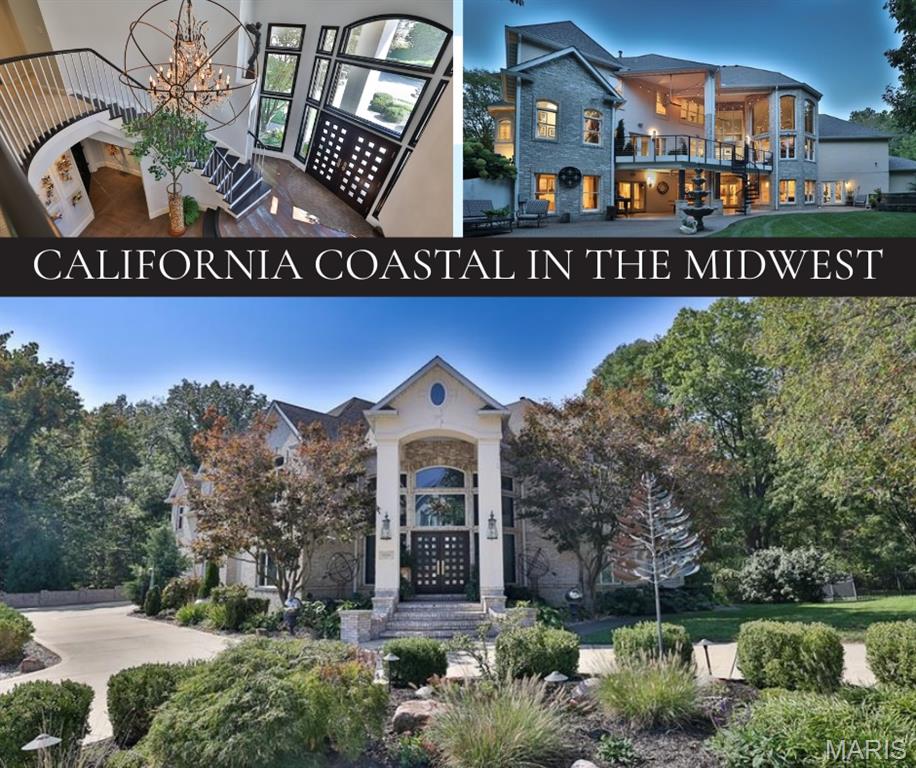 California Coastal in the Midwest: Stunning 5 bed, 8 bath, 2-story in Sunset Hills Estates, completely transformed with a sophisticated high-end rebuild in 2016 by the current owners. A custom mahogany front door opens to a grand foyer with oxidized tiles, curved staircase, and RH crystal/metal chandelier. The living area is anchored by a soaring 20’ vintage Douglas Fir timber. Chef’s kitchen boasts Danby marble countertops and island with Subzero, Wolf, and Miele appliances.The main-level primary suite is entered through twin 8’ antique doors, with leather plank flooring and a large-scale gas fireplace. Spa-inspired bath offers a freestanding soaking tub, Italian mosaic steam shower, and a must be seen boudoir. The upper level includes: 3 ensuite bedrooms with walk-ins, an open office with built-ins, and a magazine-featured wine loft with lounge and commercial-grade, glass-walled 1000-bottle storage. AUDIO AND VISUAL RECORDING ON PROPERTY.The multi-walkout lower level includes a 2-level theater, entertaining area with wet bar/kitchenette, 2 full baths, guest suite, laundry, bonus room, exercise room, & workshop. Outdoor living area features a covered Trex deck with spiral staircase to a covered epoxy patio & hot tub. Landscape lighting enhances the private backyard. Control4 smart home system manages museum-quality lighting, multi-zone music, & executive-level security in-house or remotely. Only 20+ miles to downtown STL & airport!  A must see to appreciate-so much more than with that new construction!