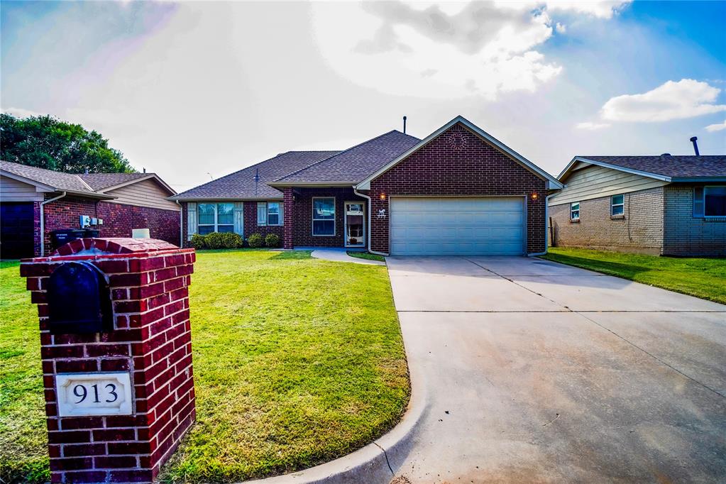 New Carpet and updates!  Welcome to this adorable 3 bed 2 bath home in the heart of MOORE, OK! You have to check out the large FEMA certified above ground safe room in the kitchen.  Talk about peace of mind during storm season.  Master has a low step shower, and bathrooms feature grab bars for assist.  Low profile tub in secondary bathroom.  No step access to garage and the front door for handicap access.    Tons of storage and oversized closets, new 2" blinds and crown molding.  Kitchen features nice oak cabinets, pull out drawers with ample storage, matching whirlpool appliances, and gas stove.  Refrigerator to stay in the home.  Laundry room just off of the kitchen with washer and dryer that will also stay with home.   New Roof 2022 and new HVAC 2023.  Close to shopping, dining, Moore Central Park in the front yard and the Warren theatre in the back yard.  Large fenced back yard with small building for storage.  Don't miss this opportunity for single family home, rental investment opportunity, or AirBnB for college game days with a short drive to Norman. 
Televisions in the living room and bedroom stays with the home.