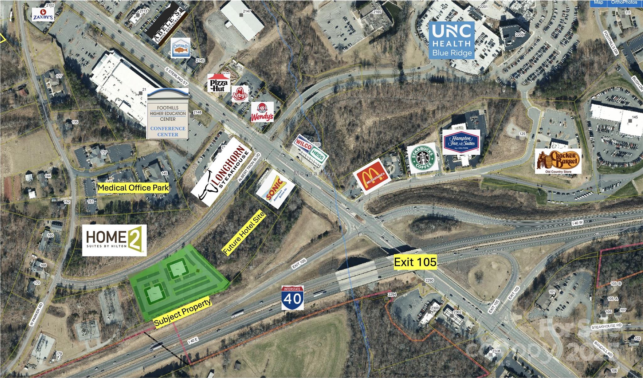 Prime Restaurant Site in Morganton across from Home2 coming soon. Two sites available with shared parking possibilities. Preliminary plan shows two 5000+ square foot buildings. Great access to I-40 and visibility. Albert Tron Blvd has center turn lane and installed sidewalk.