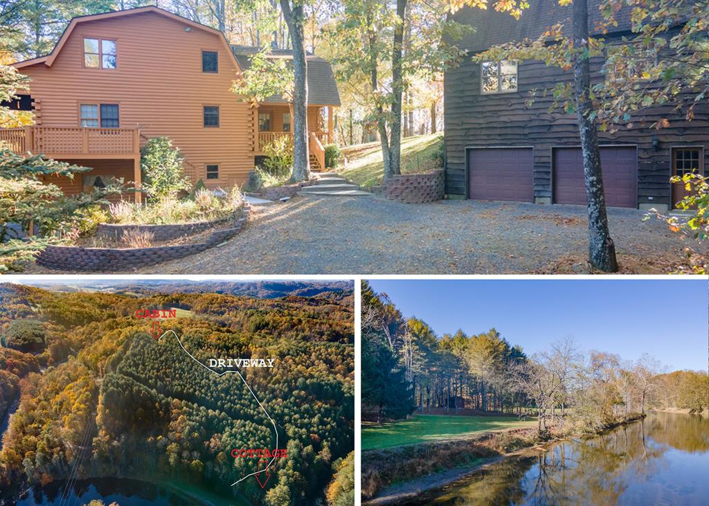 Welcome to a once-in-a-lifetime opportunity to own a truly extraordinary log home nestled in complete privacy with over 500 feet of pristine New River frontage. Located in beautiful Mouth of Wilson, VA, this handcrafted home is a true sanctuary, built to last with a poured concrete foundation for both the home and the garage.   Offering 2,035 sq ft of comfortable living space, the home features 4 spacious bedrooms and 3 full baths across two stories and a partially finished full basement. The living room is anchored by a stunning stone fireplace outfitted with a woodstove, creating a cozy and timeless atmosphere. Complementing the warmth of the home, the kitchen is adorned with custom wormy chestnut cabinetry—a rare and beautiful touch. The basement woodstove has been ducted throughout the main level, providing additional efficient heat. Much of the furniture is negotiable, making your move-in a breeze.  The two-car garage is a standout feature on its own, offering two additional stories above that are ready for your vision—whether as a workshop, expansive storage, or finished into a two-story apartment or second home.   For guests or income potential, a charming bunkhouse/cottage awaits down by the river. Completely private from the main residence, it boasts its own power meter, well, septic system, and full bathroom. It's the perfect AirBnB or VRBO rental with unparalleled riverfront tranquility.   The land itself tells a story of thoughtful stewardship. In 1987, the forestry department planted approximately 14,000 pine trees across the property, ensuring lasting privacy. Alternatively, you can selectively harvest for breathtaking long-range views. With multiple wells and endless natural beauty, this property offers a rare blend of self-sufficiency and serenity.  Original owners have lovingly maintained this magical retreat, and now it's ready for its next chapter. Don't miss your chance to own this private, riverfront paradise straight out of a storybook.