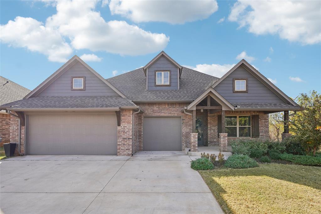 This home offers premium design, a spacious layout, and full smart-home integration throughout. The exterior wows as well as the home sits on a premium lot with no neighbors behind or on one side, adding extra privacy! Smart features include keypads with preset scenes, voice-controlled smart blinds, Philips Hue lighting with TV sync, smart locks, Google Nest doorbell and exterior cameras, myQ garage opener, smart irrigation, smart electricity monitoring, and an Eero 6e WiFi system that remains with the home so you don’t have to reconnect it all! The living room features a 10’ coffered ceiling, electric blinds, and a floor-to-ceiling stone fireplace. The kitchen includes a large island with 3CM quartz countertops, stainless appliances including an LG refrigerator and Frigidaire Gallery suite, walk-in pantry, and full-height cabinetry with glass-front lighted display uppers. The primary suite includes two separate walk-in closets, double vanities, a walk-in shower, and a corner whirlpool tub. Two secondary bedrooms, the hall bath, and the laundry room are located on a separate hallway with barn-door entry, and the secondary bath is finished with tile to the ceiling. A fourth bedroom is located at the front of the home for added privacy. The upstairs bonus room offers a walk-in closet and full bathroom, providing an ideal flex space, second living space or potential second bedroom ensuite. The covered patio features a wood-burning fireplace and mounted TV. Additional highlights include a storm shelter, Rinnai tankless water heater, whole-home air purification, upgraded R-44 insulation, full guttering, and included washer and dryer. The neighborhood offers sidewalks, ponds, and a playground.