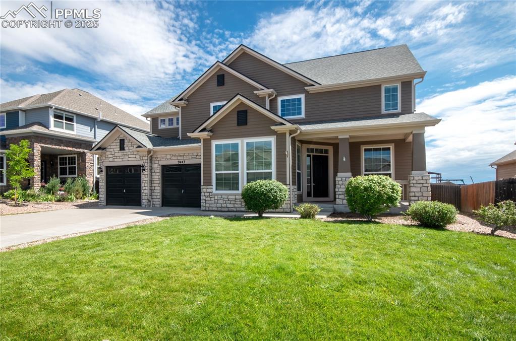 ~ This beautiful home is in the Woodmen Hills golf course community in a peaceful cul-de-sac that backs to a walking trail, open space, and a pond! This spacious, inviting four-bedroom, three-bathroom home has over 4000 square feet. This two-story residence features an open floor plan filled with natural light, a modern kitchen with plenty of countertop space, a Viking cooktop, an island, a corner pantry, and a wall oven. The main level has beautifully refinished hardwood floors from the front door through the office, dining room, kitchen, and eat-in kitchen. The great room is oversized with massive vaulted ceilings, a huge wall of windows, and a fireplace with a mantle. The upper level includes a large master suite with privacy and great views, a five-piece bath and walk-in closet, three additional bedrooms, and a full bathroom. The unfinished basement provides ample storage or potential for customization. Enjoy a beautifully landscaped yard with mature trees, a stamped concrete patio, and a fully fenced yard with a gate to the walking trail. Additional highlights include a three-car tandem garage, a newer roof,  exterior paint, and air conditioning. This gorgeous home is walking distance to a fantastic community park, and Woodmen Hills has two rec centers with pools. Brand new interior paint in a modern light gray color throughout the entire home and freshly painted white cabinets in the kitchen, bathrooms, and the laundry room! It looks like a new home in there ~