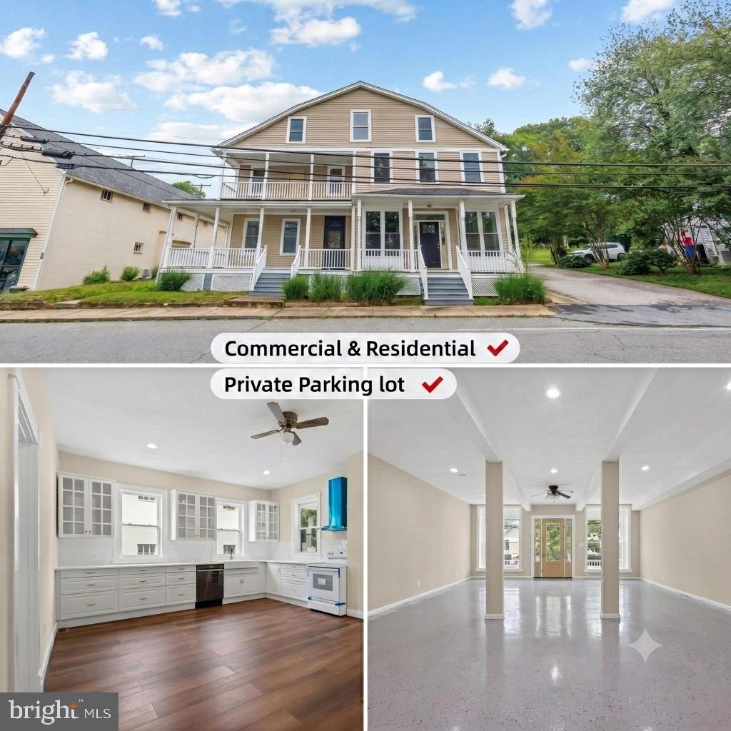 Rare live-work (Commercial & Residential) opportunity in the heart of historic Old Bowie! This expansive, fully renovated property boasts over 6,000 square feet of meticulously finished space, seamlessly combining premier residential comfort with incredible commercial potential. Whether you choose to run your business out of the entire building, utilize a perfect half-and-half split for living and working, or secure a powerhouse investment asset, this versatile property adapts beautifully to your vision. Offering ultimate peace of mind, a comprehensive top-to-bottom renovation includes a brand-new roof, new siding, high-efficiency windows, a new HVAC system, a new water heater, fresh paint, modern flooring, and brand-new appliances throughout. Classic wrap-around porches provide an inviting entrance for both residents and commercial clients alike.The highly functional layout is thoughtfully designed with separate front entrances and two separate rear entrances to ensure effortless privacy and excellent flow between the zones.  On the residential side, the front door opens into a welcoming hallway with stairs leading to the upper level. To your left sits a generous formal dining room， a grand living room and a half bathroom. The hallway leads you back to a huge, fully updated kitchen that easily accommodates a breakfast table setup. On the commercial side, the entrance opens directly into a vast, flexible open retail space with soaring ceilings, perfect for an office or shop, complete with a convenient side door for easy access. Just five steps up from this open space is an additional large living area or customer/staff lounge, adjacent to a convenient half bathroom. The upper level provides a total of 6 bedrooms and 2 full bathrooms, smartly divided into two separate wings: the house side offers 3 bedrooms and 1 full bath, while the store side features an additional 3 bedrooms and 1 full bath, with a private connecting door between the two wings that can be easily closed or locked for complete separation. Additionally, the commercial wing features its own staircase leading up to the second floor, where a door opens to an immense third-level attic offering incredible storage space.Outside, commercial viability is fully realized with a rare private parking lot providing 11 dedicated parking spaces, along with a substantial backyard storage structure for additional inventory or equipment. Strategically located for maximum visibility and convenience, this property is a commuter's dream with effortless access to US-50 and US-301, putting Washington D.C., Baltimore, and Annapolis all within easy reach. It is also just minutes from the Bowie State MARC Train Station for a seamless 27-minute rail commute to D.C.'s Union Station. Local amenities abound, with the property sitting just steps from Town Green Park and the Old Town Bowie Welcome Center, and only a short drive from Allen Pond Park, Whitemarsh Park, Bowie Town Center, and Bowie Marketplace for premier shopping, dining, and grocery needs. Don't miss this generational real estate asset—schedule your tour today!