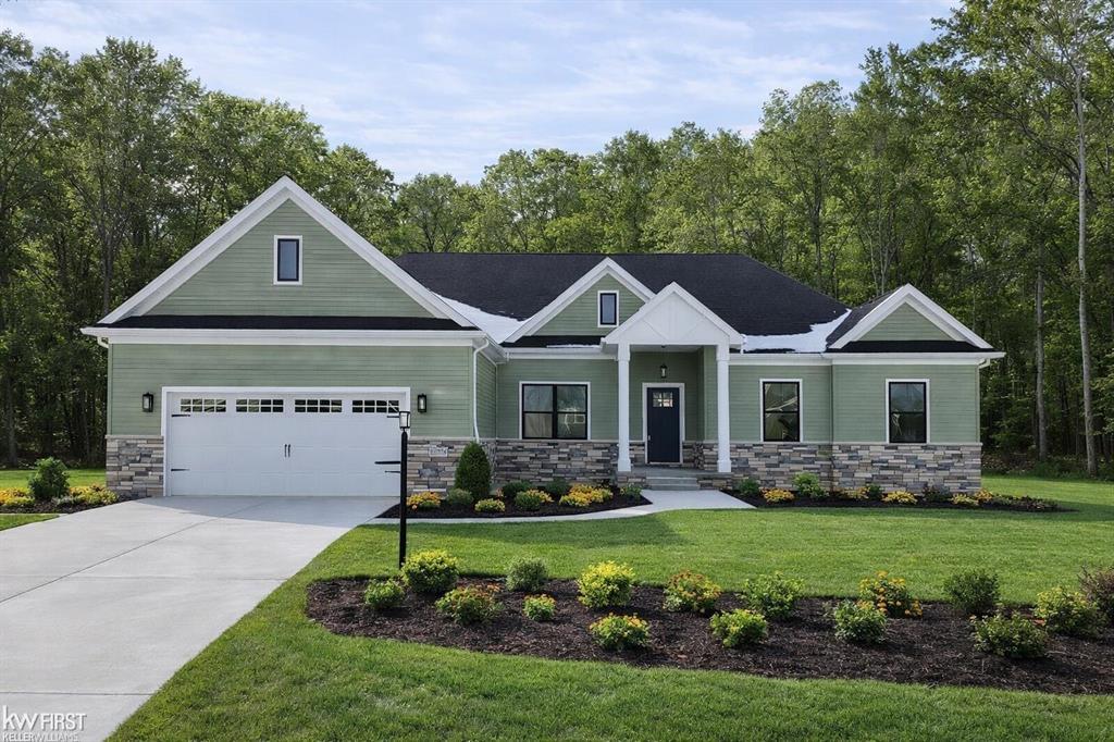 Is there a 4-bed ranch in the Oaks of Tyrone under $620K? Yes - the proposed Firethorn plan on Timber Trail in Fenton offers 1,950 square feet of modern comfort on a wooded 1-acre lot, with premium standard finishes, flexible design, and Grand Opening Incentives through year-end. This 4-bedroom, 2-bath ranch features a wide-open floor plan with 9-foot ceilings, a tray-ceiling Great Room, and a seamless kitchen-dining-living layout ideal for daily life and entertaining. The designer kitchen includes granite countertops, a large center island, stainless undermount sink, and soft-close wood cabinetry. A split-bedroom layout gives privacy to the luxurious primary suite, which includes a tiled 5-foot shower, dual sinks, private commode, and walk-in closet. Bedrooms 2 and 3 share a full bath while Bedroom 4 offers flexibility as a home office or guest space. Durable LVT flooring runs through the foyer, kitchen, dining, and primary bath. Additional features include: gas fireplace, energy-efficient 96+ CARRIER furnace, 2x6 construction, custom trim, and a front-entry 2-car garage with direct mudroom access. Enjoy the covered porch and private backyard views in this wooded setting. Every homesite in the Oaks of Tyrone offers a full acre or more, surrounded by natural beauty. Buyers can personalize the Firethorn with finish choices or floor plan tweaks. This is your entry point to one of Fenton's most desirable new communities, with easy access to US-23, downtown Fenton, and award-winning schools. Customize now and lock in Grand Opening Incentives with a deposit before December 31. Built by Big Sky Development.