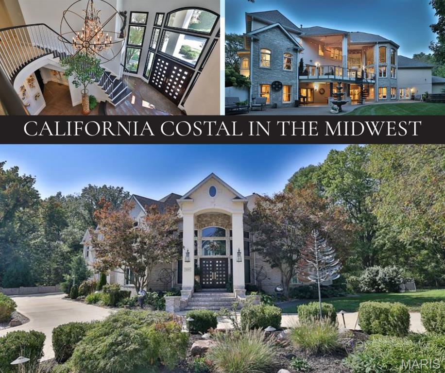 California Coastal in the Midwest: Stunning 5 bed, 8 bath, 2-story in Sunset Hills Estates, completely transformed with a sophisticated high-end rebuild in 2016 by the current owners. A custom mahogany front door opens to a grand foyer with oxidized tiles, curved staircase, and RH crystal/metal chandelier. The living area is anchored by a soaring 20’ vintage Douglas Fir timber. Chef’s kitchen boasts Danby marble countertops and island with Subzero, Wolf, and Miele appliances.
The main-level primary suite is entered through twin 8’ antique doors, with leather plank flooring and a large-scale gas fireplace. Spa-inspired bath offers a freestanding soaking tub, Italian mosaic steam shower, and a must be seen boudoir. The upper level includes: 3 ensuite bedrooms with walk-ins, an open office with built-ins, and a magazine-featured wine loft with lounge and commercial-grade, glass-walled 1000-bottle storage.
The multi-walkout lower level includes a 2-level theater, entertaining area with wet bar/kitchenette, 2 full baths, guest suite, laundry, bonus room, exercise room, & workshop. Outdoor living area features a covered Trex deck with spiral staircase to a covered epoxy patio & hot tub. Landscape lighting enhances the private backyard. Control4 smart home system manages museum-quality lighting, multi-zone music, & executive-level security in-house or remotely. Only 20+ miles to downtown STL & airport!  A must see to appreciate-so much more than with that new construction!