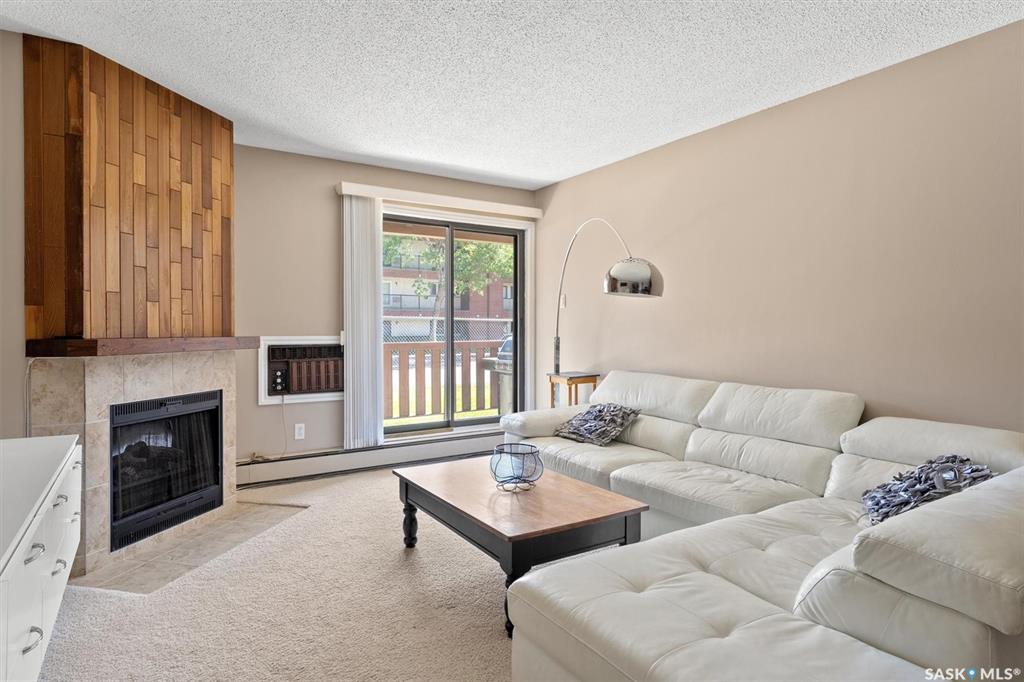 Welcome to #102 C - 1121 McKercher Drive. This main floor condo unit has 2 bedrooms, 1 bathroom and 2 storage areas. The home features an electric fireplace in living space and patio doors lead to a spacious concrete deck. Residence enjoy access to a gym and games area and community room. Pets are permitted with certain restrictions. The location is fantastic close to parks, shopping and transit.