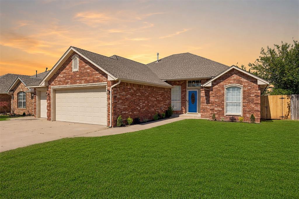 Cute house in the Moore School District ideally located near Tinker Air Force Base, shopping, dining, and entertainment, plus NO HOA! As you arrive, you’ll appreciate the spacious 3-car garage. A charming covered front porch leads to the striking blue front door, where you're welcomed into a bright entryway. Just off the foyer is a dedicated study or extra bedroom featuring double French doors, a large window, wood floors, and a closet perfect for working from home or flexible use. The open-concept living area lies ahead, offering a warm and inviting space centered around a stunning gas fireplace. The thoughtfully designed kitchen includes a bar-height counter ideal for extra seating, creating a natural separation from the living and dining areas while maintaining an open layout. The kitchen includes new granite countertops and backsplash. Nearby, the utility room includes storage cabinets and space for a full-size washer & dryer. The primary suite, located just off the livign area, offers a true retreat with hardwood floors, a recessed ceiling, and plenty of natural light. The ensuite bath features a jetted spa tub, double sink vanity, large walk-in closet, stall shower, and additional linen storage. On the opposite side of the home are two generously sized bedrooms with new carpet & double-door closets. These rooms share a conveniently located full hallway bathroom. Step out back to enjoy an oversized covered patio ideal for grilling, relaxing, or entertaining. The spacious, backyard is fully fenced with privacy fencing for added comfort. This home has so much to offer, and is a must see!