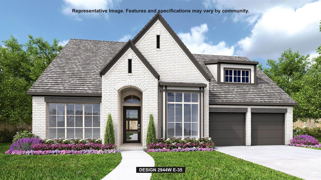 A home office with French doors is set at the entry. A media room with French doors is off the extended entry, which leads to the main living areas. The formal dining room flows into the family room, which features a wall of windows. The inviting kitchen offers a corner walk-in pantry, a coffee bar, and a generous island with built-in seating space. A corner morning area overlooks the backyard and provides access to the covered patio. The secluded primary suite features a wall of windows in the bedroom. Double doors lead to the primary bath with dual vanities, a garden tub, a glass-enclosed shower, and two walk-in closets. A hallway off the dining room leads past the utility room to a private guest suite with a full bath. High ceilings and abundant closet space enhance this one-story design. A mud room is off the three-car garage.