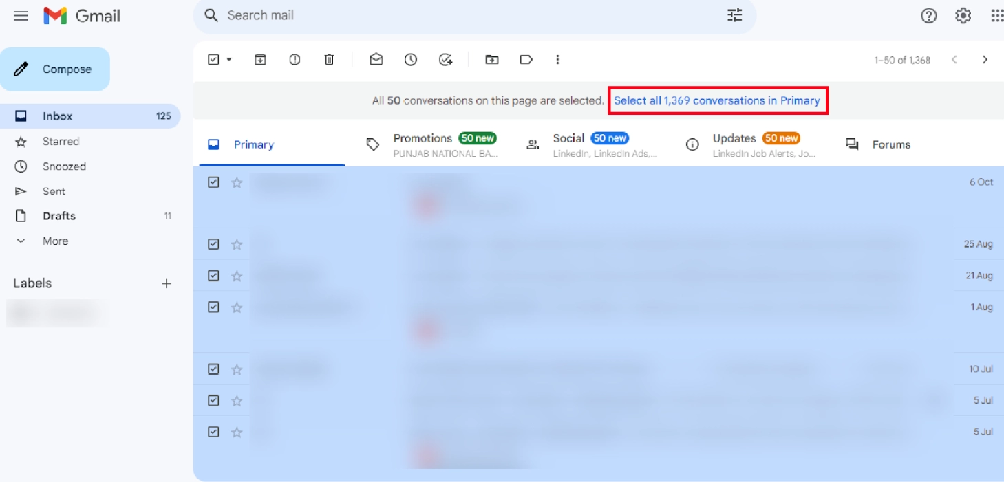 deleting mass emails in gmail