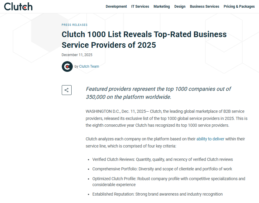 Clutch 1000 List Reveals Top-Rated Business Service Providers of 2025