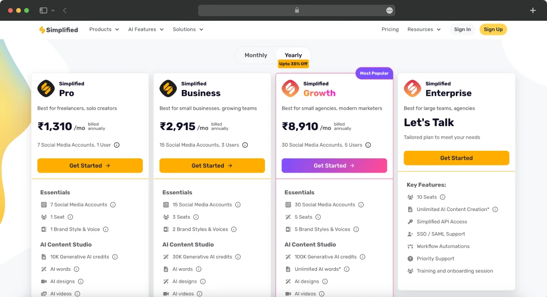 Pricing plan of Simplified AI