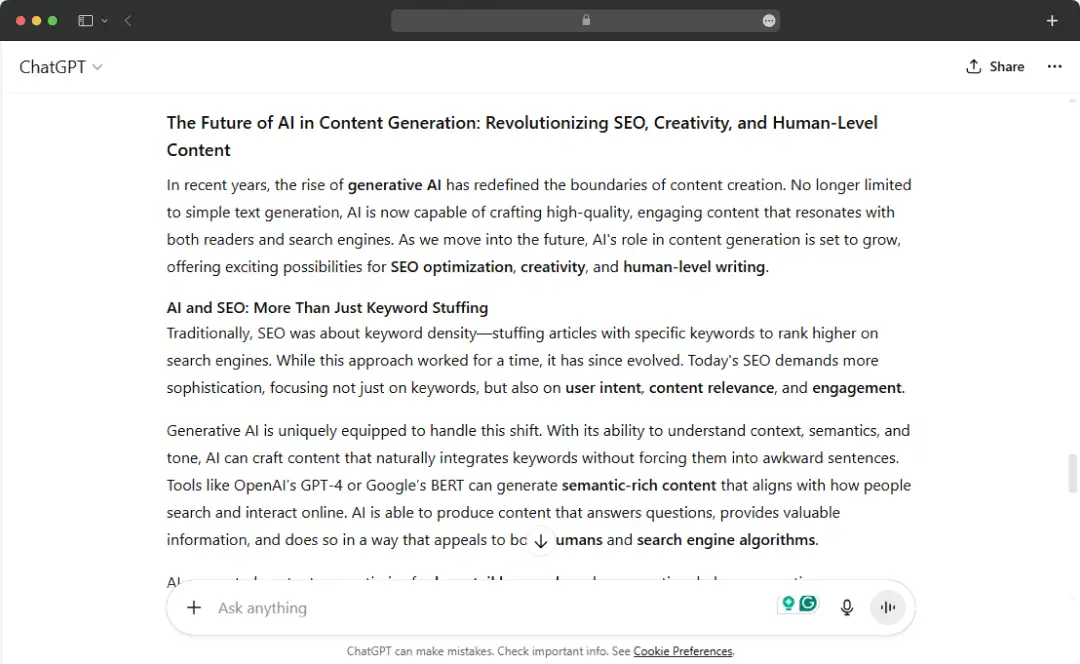 ChatGPT’s response for checking SEO, creativity, and content generation capability