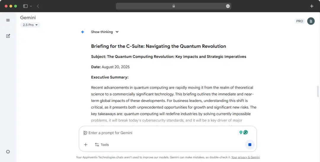 Gemini’s response for testing deep research & summarisation prompt