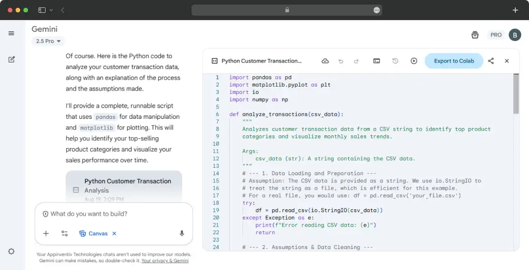 Gemini’s response to coding and data analysis prompt