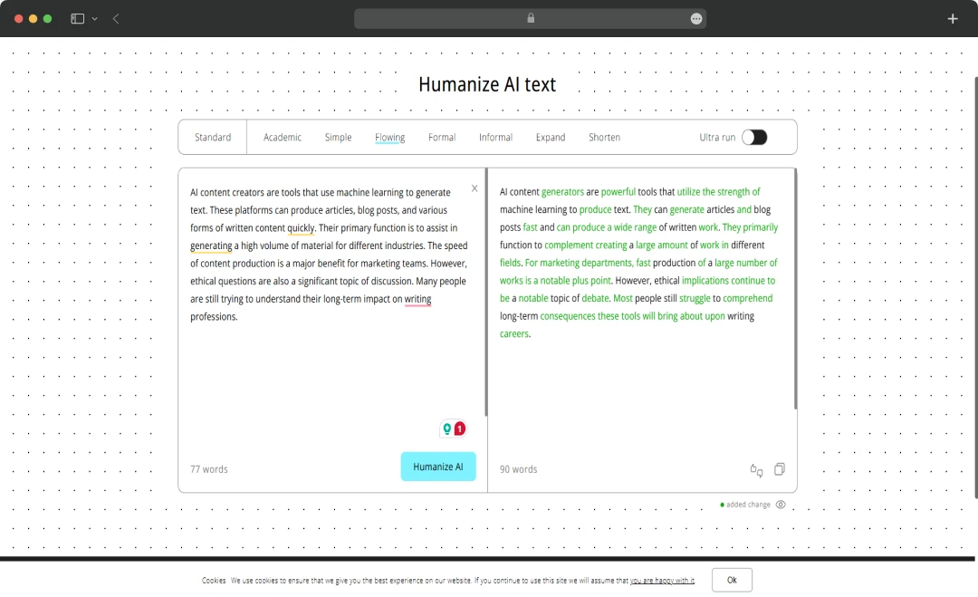 Humanize AI flowing feature