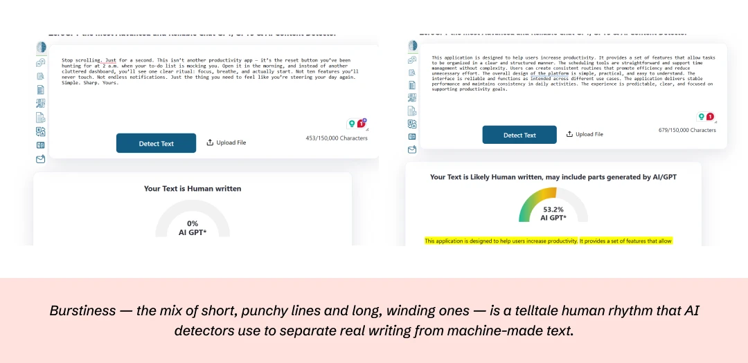Screenshot of AI content analysis tool