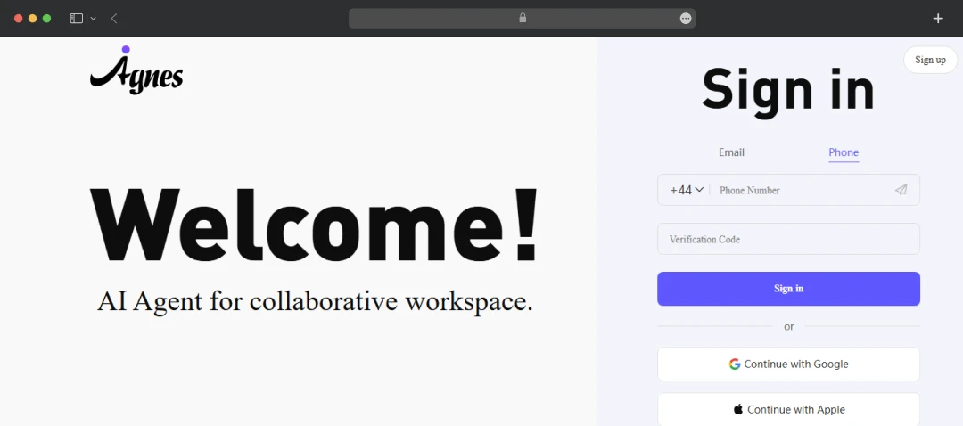 Agnes login and signup page