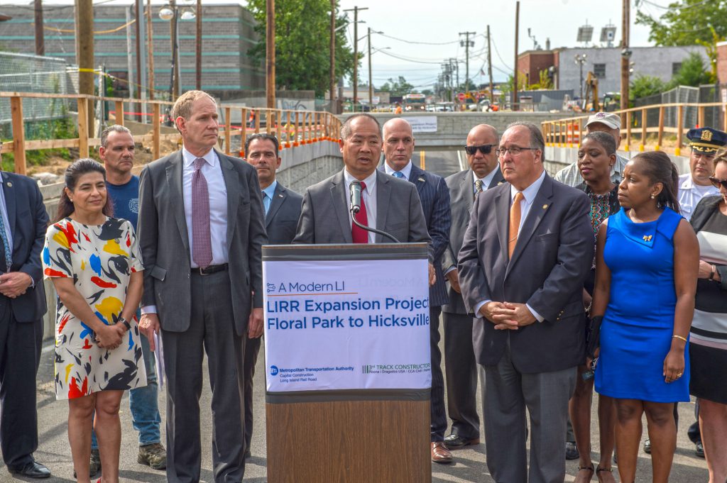 LIRR President Phil Eng addresses New Cassel community during the September 5th reopening of Urban Avenue that now allows vehicular traffic to cross under the LIRR tracks, avoiding delays from downed gates, noise from passing trains and reduced air quality from queueing automobiles.