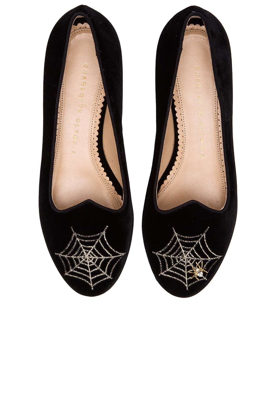 CHARLOTTE OLYMPIA Charlotte'S Web Velvet Flats In Black & Gold