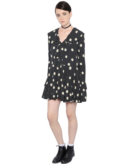 SAINT LAURENT Ruffled Daisy Printed Crepe Dress, Black/White