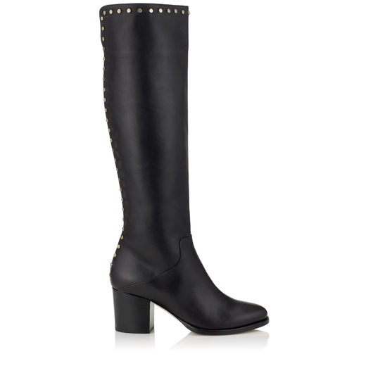 JIMMY CHOO MONROE 65 BLACK SMOOTH LEATHER KNEE HIGH BOOTS WITH STUDS TRIM
