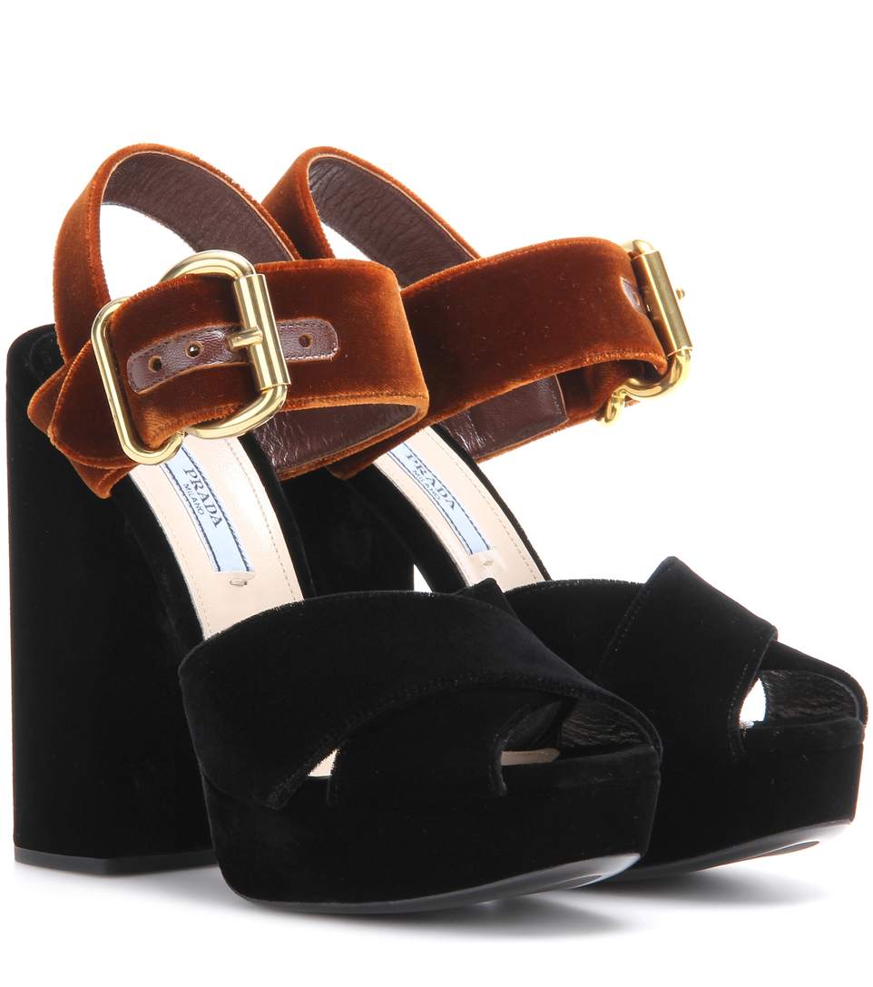 PRADA Bicolor Velvet Block-Heel Sandals, Black-Tabacco | ModeSens