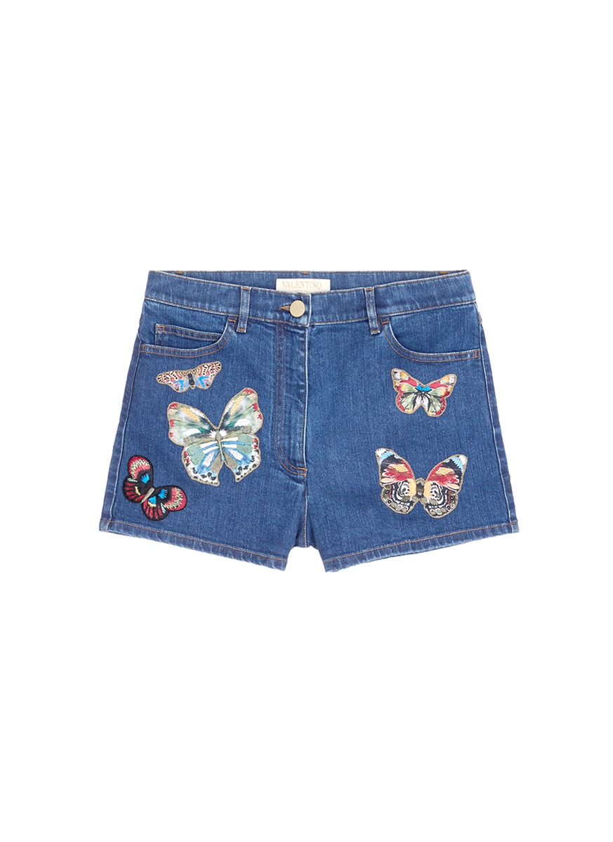 3 Stores In Stock VALENTINO Butterfly Embroidered Denim Shorts, Blue