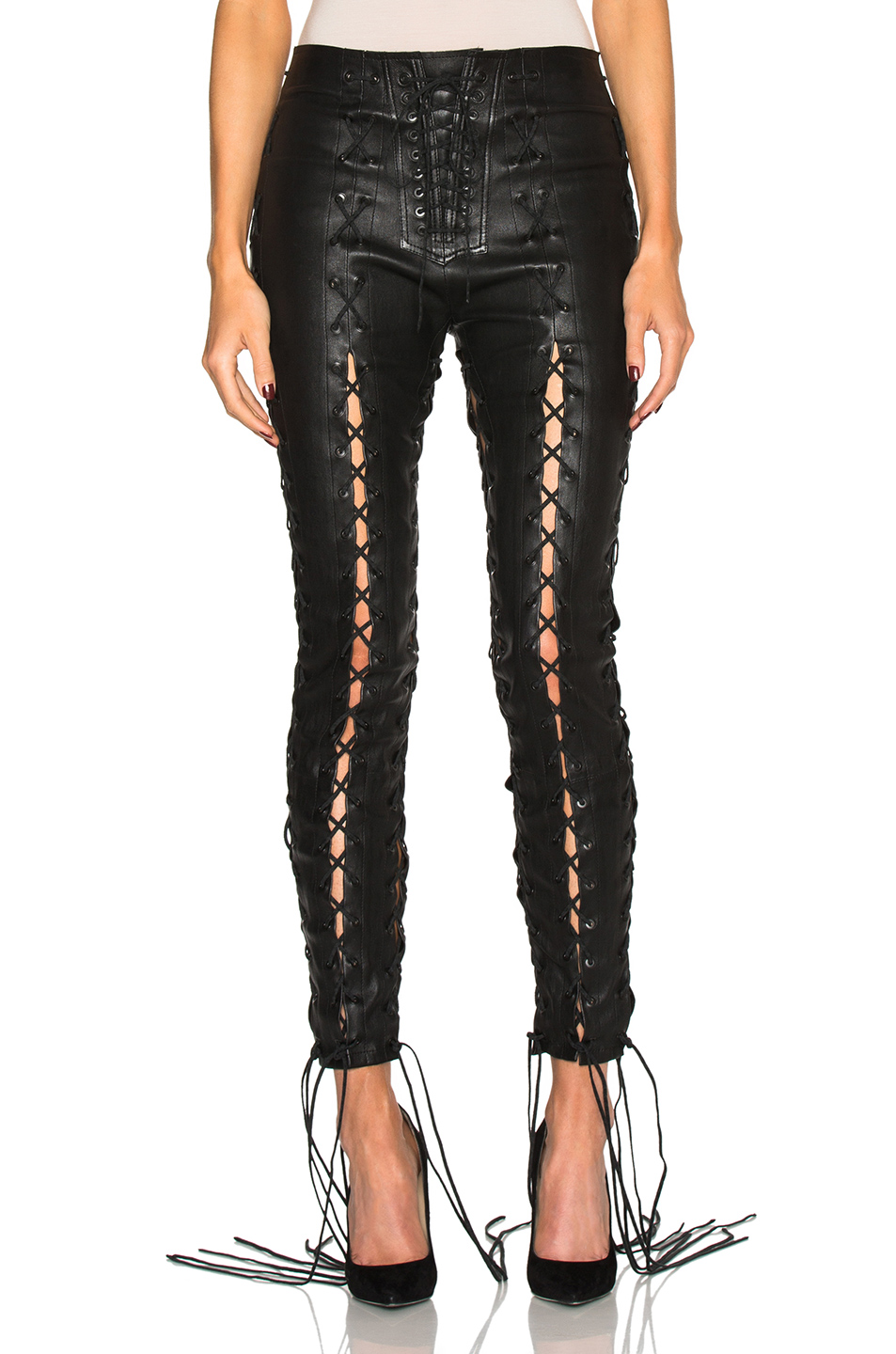 black lace up front trousers