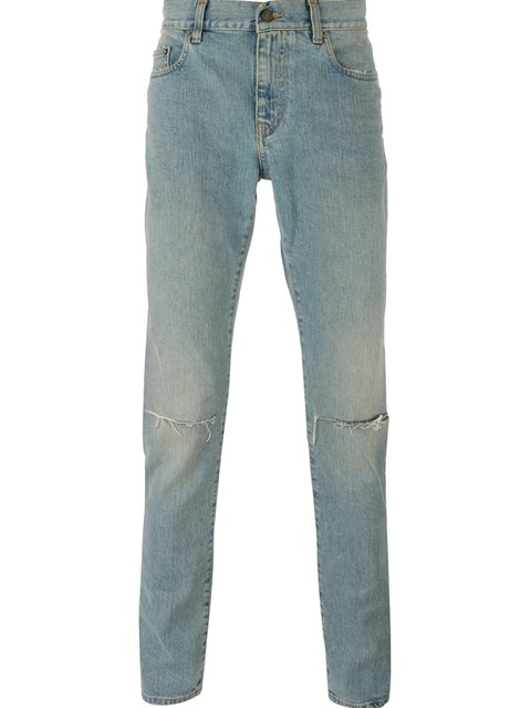 SAINT LAURENT Distressed Skinny Jeans in Light-Blue | ModeSens