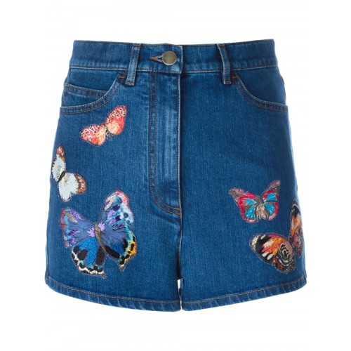 3 Stores In Stock VALENTINO Butterfly Embroidered Denim Shorts, Blue