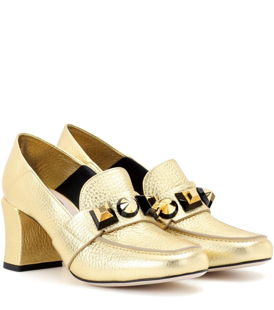 FENDI Studded Metallic MidHeel Loafer Pump, Gold ModeSens