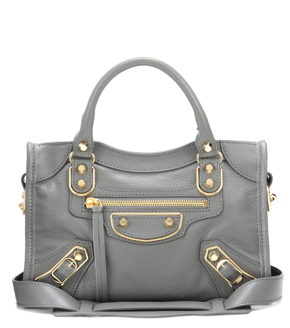 BALENCIAGA Classic Metallic Edge City Mini Leather Tote, Gris Acier ...