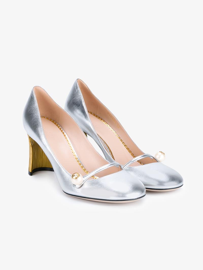 GUCCI HEELED PUMPS, METALLIC ModeSens