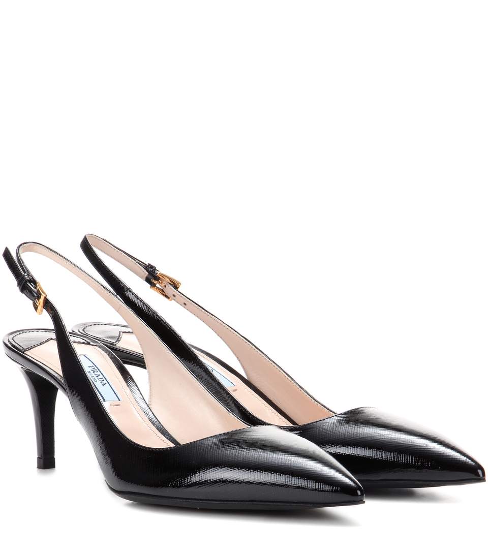 PRADA Black Saffiano Leather Slingback Kitten Heel Pumps | ModeSens