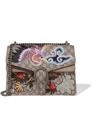 GUCCI Dionysus medium appliquéd coated-canvas and suede shoulder bag