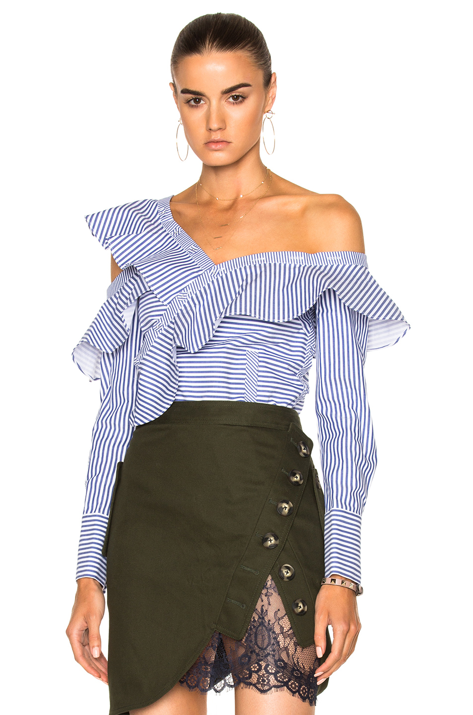 SELFPORTRAIT OFFTHESHOULDER RUFFLED STRIPED COTTONPOPLIN TOP, BLUE