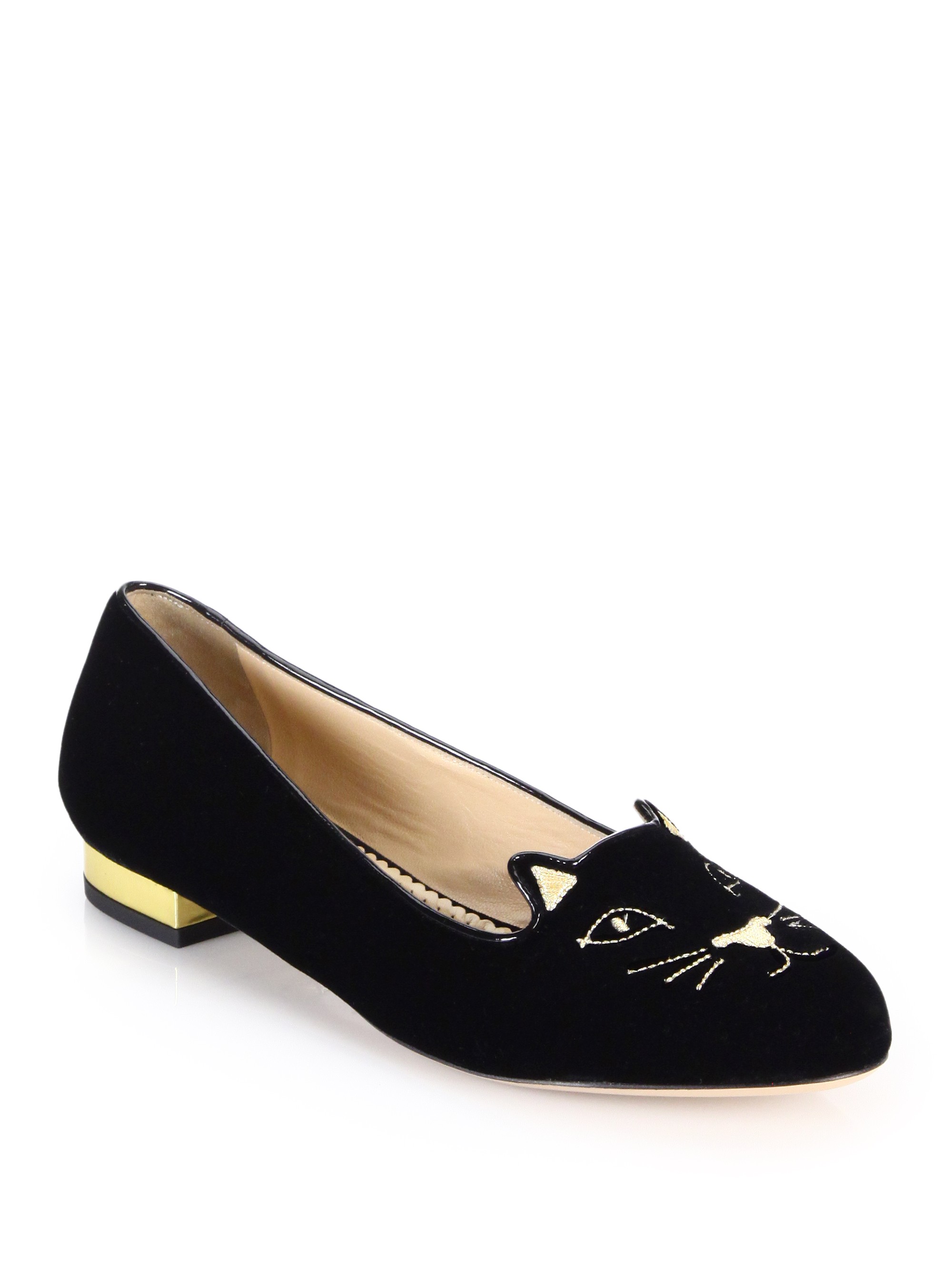 CHARLOTTE OLYMPIA MidCentury Kitty Anthracite Velvet Pointy Flat in