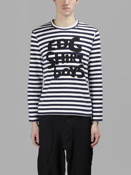 COMME DES GARÇONS SHIRT COMME DES GARCONS SHIRT BOYS MEN'S BLUE AND WHITE STRIPED LOGO T-SHIRT