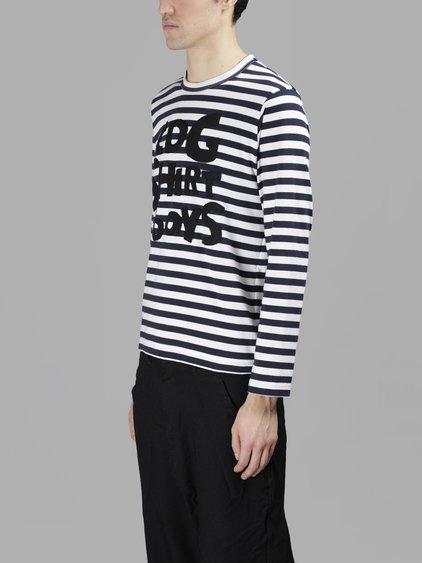 COMME DES GARÇONS SHIRT COMME DES GARCONS SHIRT BOYS MEN'S BLUE AND WHITE STRIPED LOGO T-SHIRT