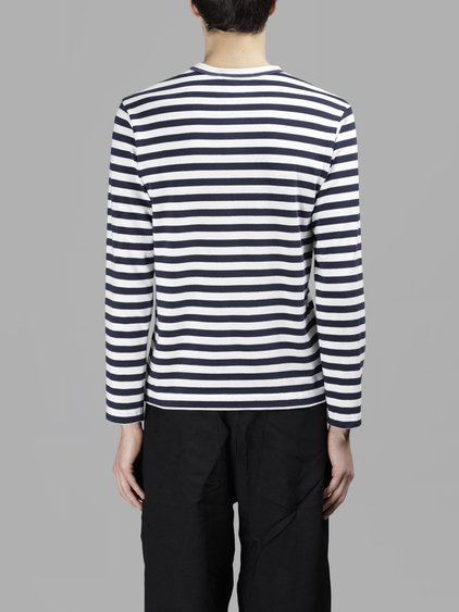 COMME DES GARÇONS SHIRT COMME DES GARCONS SHIRT BOYS MEN'S BLUE AND WHITE STRIPED LOGO T-SHIRT