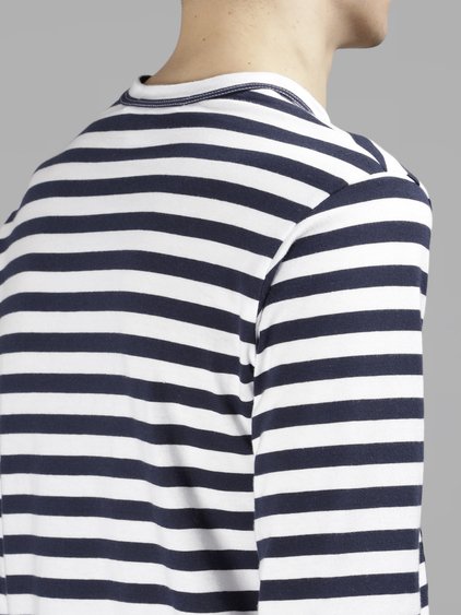 COMME DES GARÇONS SHIRT COMME DES GARCONS SHIRT BOYS MEN'S BLUE AND WHITE STRIPED LOGO T-SHIRT