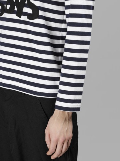 COMME DES GARÇONS SHIRT COMME DES GARCONS SHIRT BOYS MEN'S BLUE AND WHITE STRIPED LOGO T-SHIRT